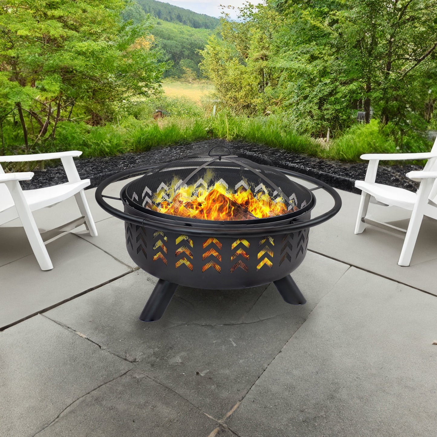 Sunnydaze Arrow Motif 36" Round Wood-Burning Black Finish Steel Fire Pit with Spark Screen