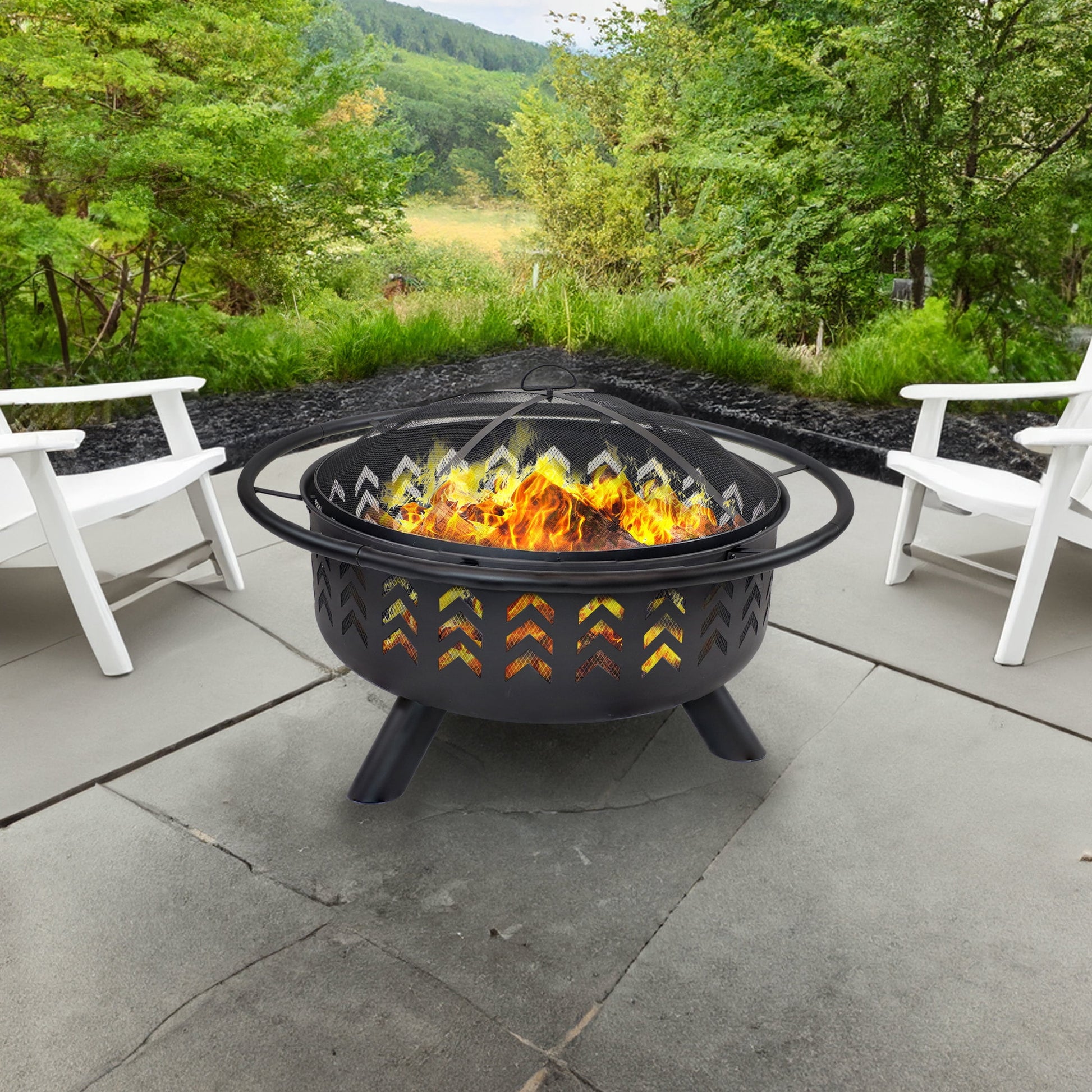 Sunnydaze Arrow Motif 36" Round Wood-Burning Black Finish Steel Fire Pit with Spark Screen