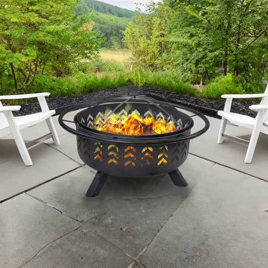 Sunnydaze Arrow Motif 36" Round Wood-Burning Black Finish Steel Fire Pit with Spark Screen
