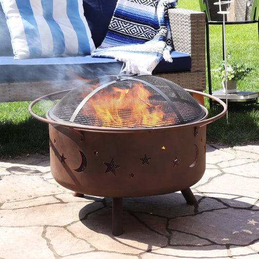 Sunnydaze Cosmic 30" Round Wood-Burning Brown Finish Steel Fire Pit with Cooking Grate