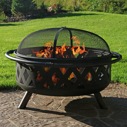Sunnydaze Crossweave 36" Round Wood-Burning Black Finish Steel Outdoor Fire Pit with Screen