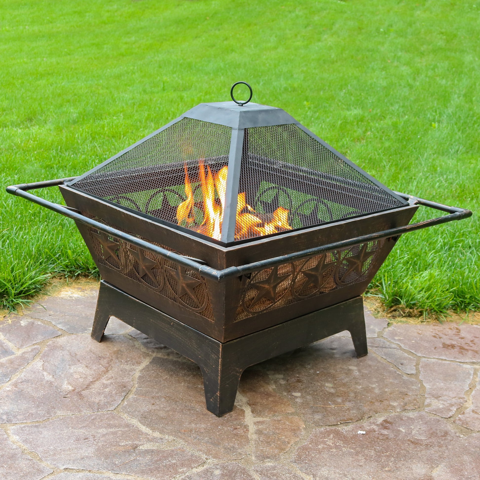 Sunnydaze Northern Galaxy 32" Square Wood-Burning Bronze Finish Steel Fire Pit with Grate