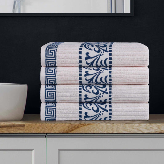 Superior Athens Cotton Greek Scroll Bath Towel Set of 4, Ivory-Navy