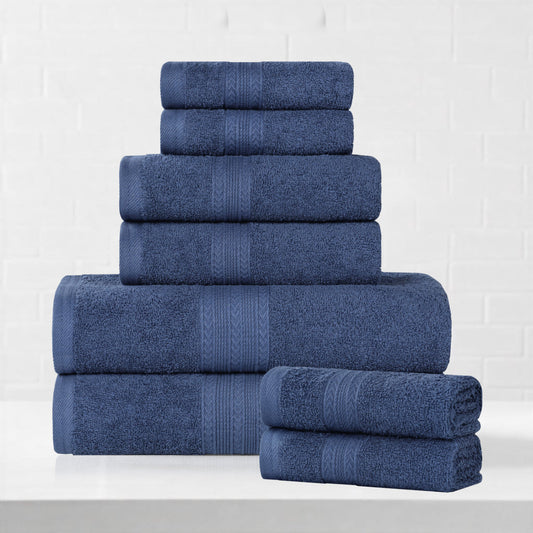 Superior Eco-Friendly Cotton 8-Piece Assorted Towel Set, Navy Blue
