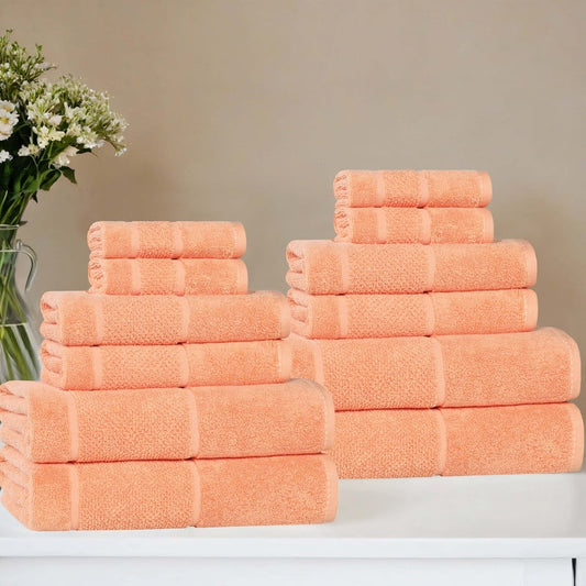 Superior Mile Smart Twist Cotton Medium Weight 12 Piece Towel Set, Ultra Absorbant Towels, Peach