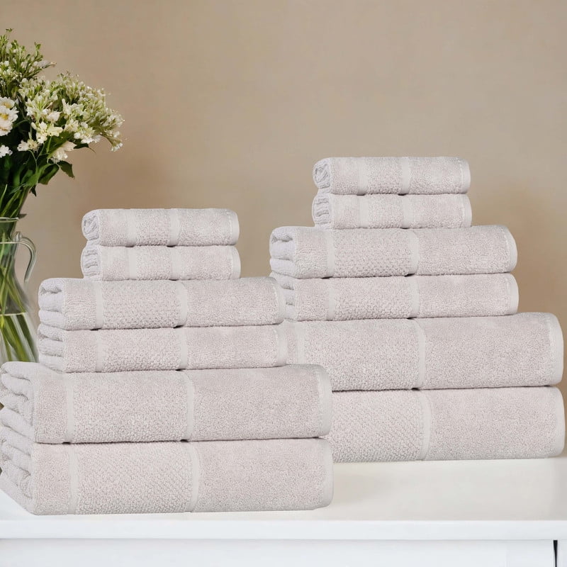 Superior Mile Smart Twist Cotton Medium Weight 12 Piece Towel Set, Ultra Absorbant Towels, Silver