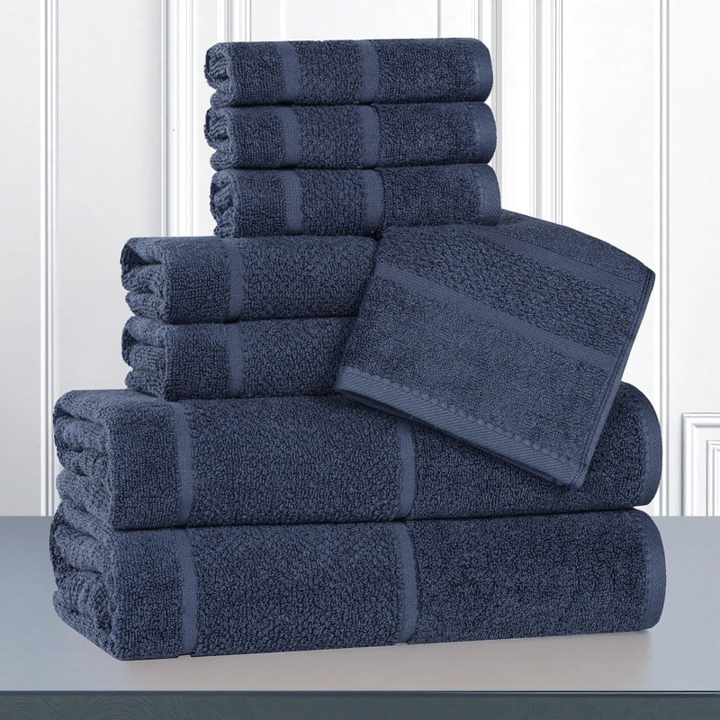 Superior Mile Smart Twist Cotton Medium Weight 8 Piece Towel Set, Ultra Absorbant Towels, Navy Blue
