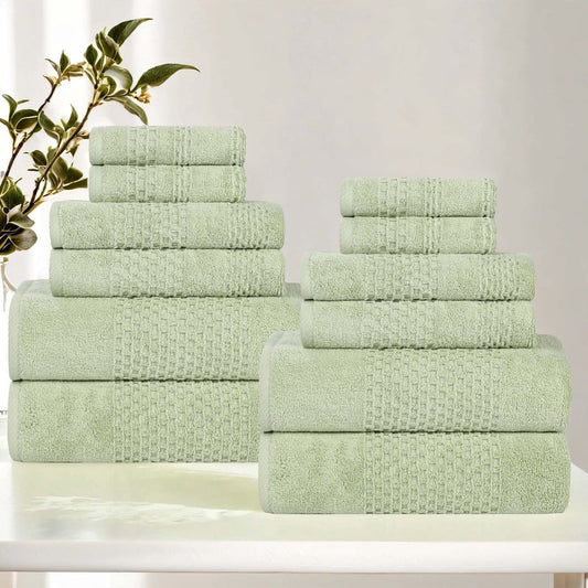 Superior Playa Zero Twist Cotton Solid Waffle Textured 12 Piece Towel Set, Green