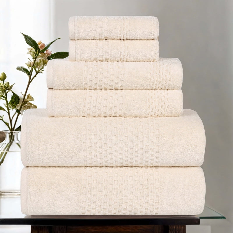 Superior Playa Zero Twist Cotton Solid Waffle Textured 6 Piece Towel Set, Ivory