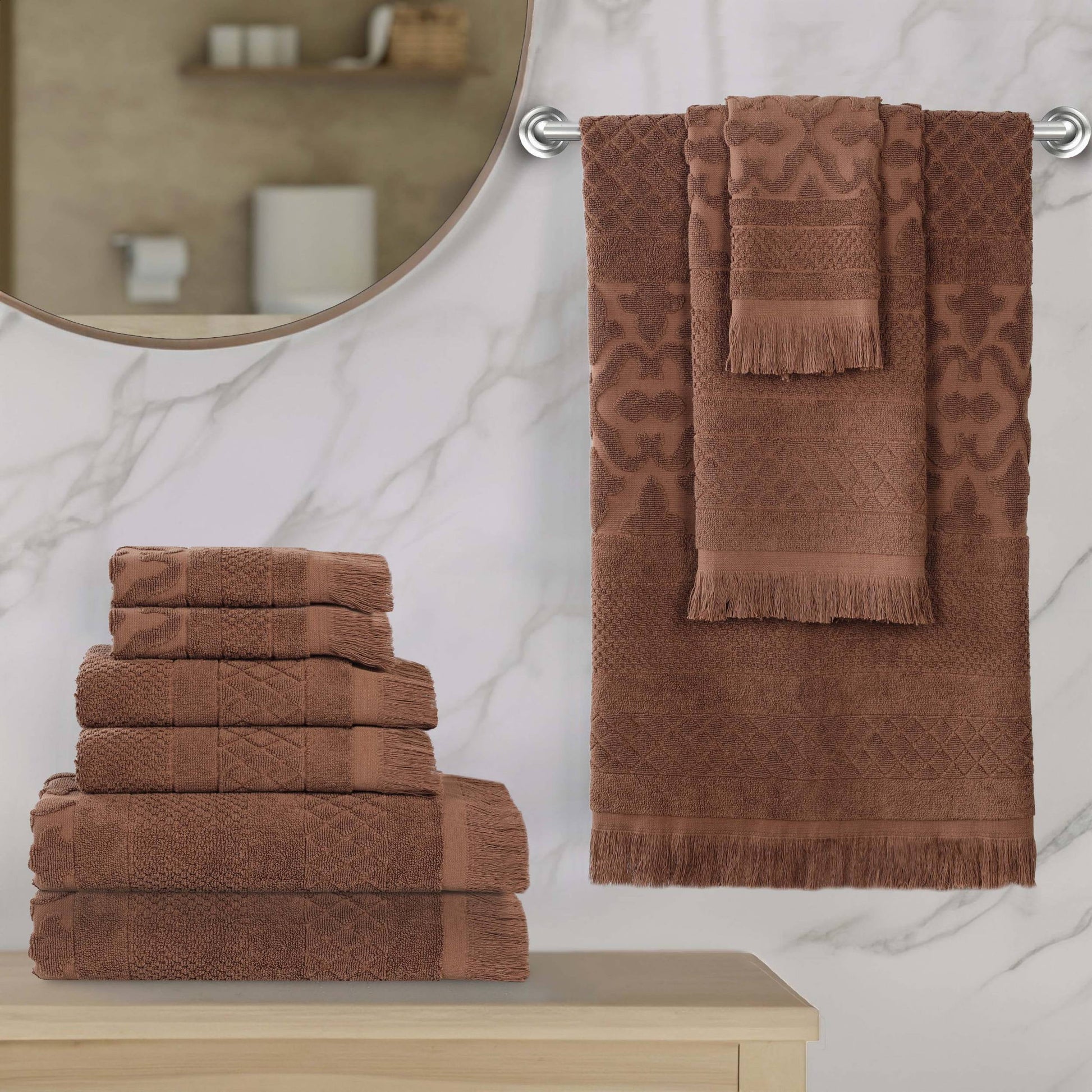 Superior Rolla Geometric Cotton 9 Piece Towel Set, Quick-Dry Ultra Soft Towels, Chocolate