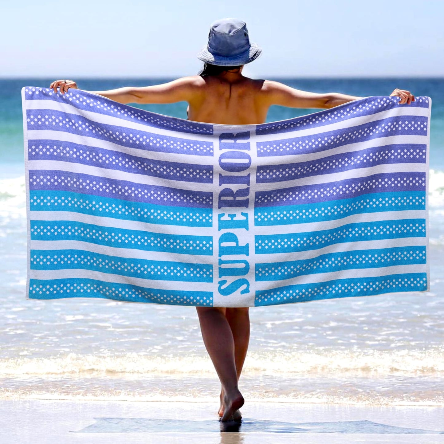 Superior Striped Cotton Large Oversized Beach Towel, 34" x 68", Cool, Blue/ Purple