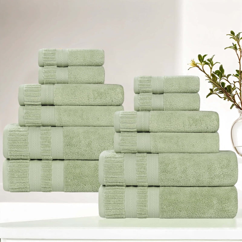 Superior Venice Ribbed Textured Border Zero Twist 12 Piece Towel Set, Green