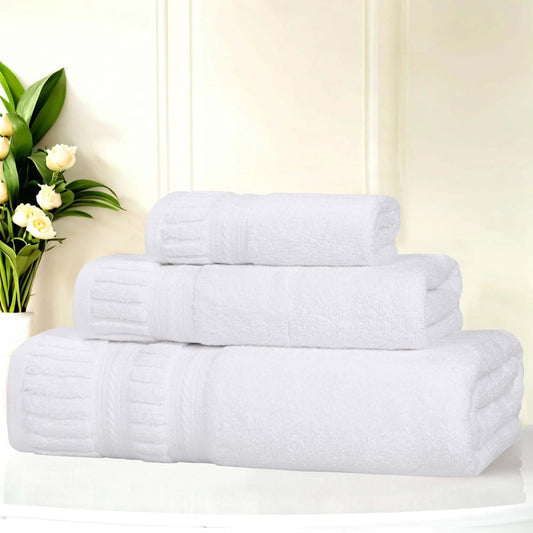 Superior Venice Ribbed Textured Border Zero Twist 3 Piece Towel Set, White