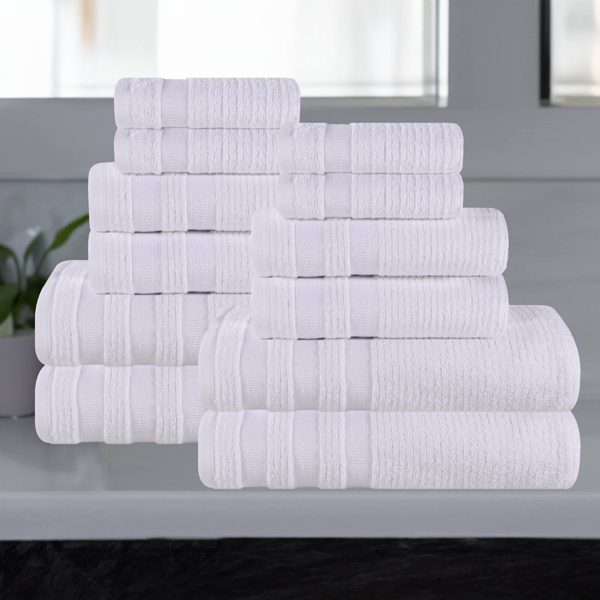 Superior Zero Twist Cotton Ribbed Geometric 12-Piece Towel Set, Ultra Soft Quick Dry, White