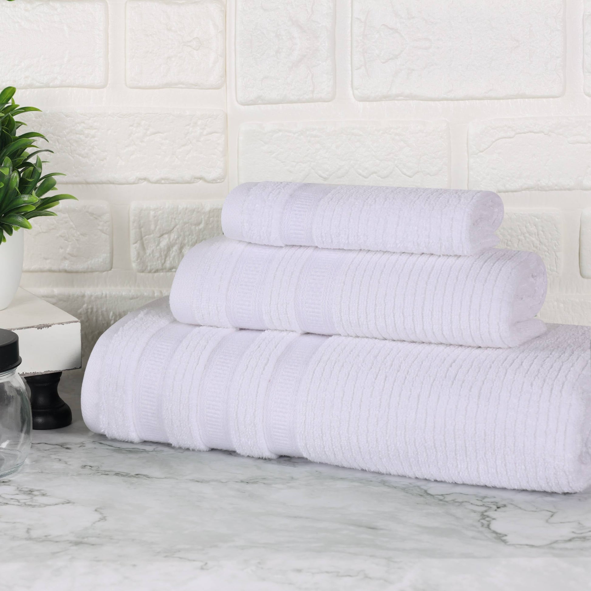 Superior Zero Twist Cotton Ribbed Geometric 3-Piece Towel Set, Ultra Soft Quick Dry, White