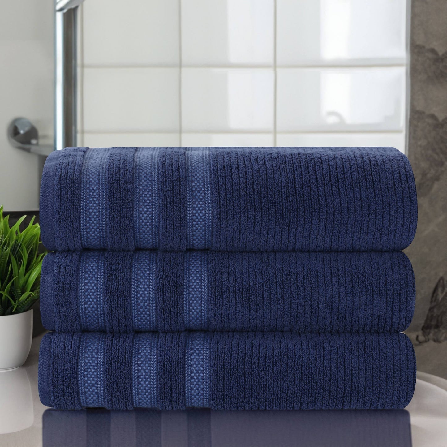 Superior Zero Twist Cotton Ribbed Geometric Bath Towel Set of 3 , Ultra Soft Quick Dry, Navy Blue
