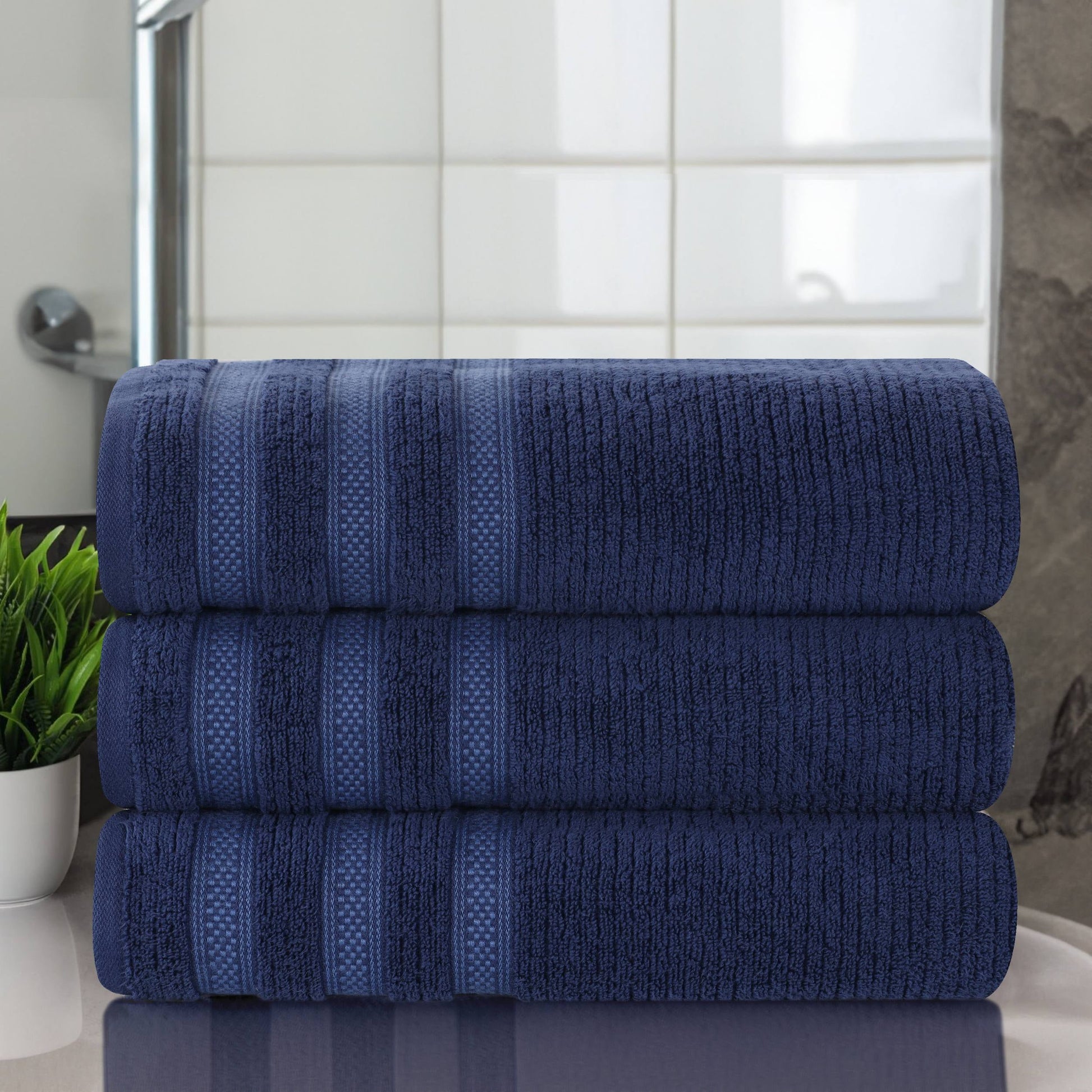 Superior Zero Twist Cotton Ribbed Geometric Bath Towel Set of 3 , Ultra Soft Quick Dry, Navy Blue