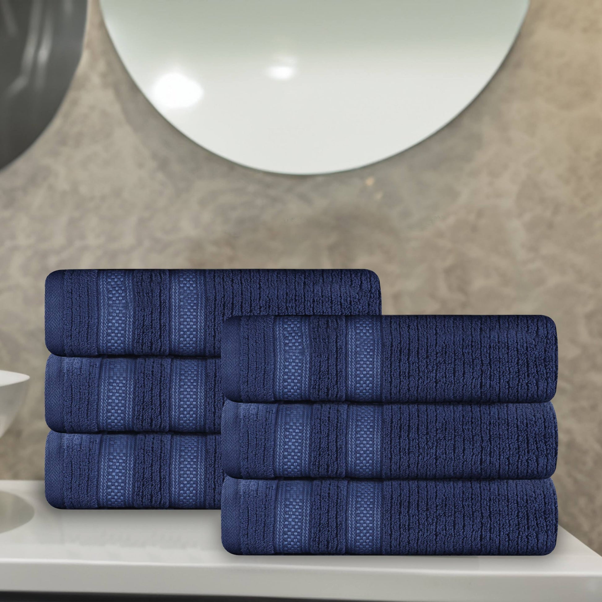 Superior Zero Twist Cotton Ribbed Geometric Hand Towel Set of 6, Ultra Soft Quick Dry, Navy Blue
