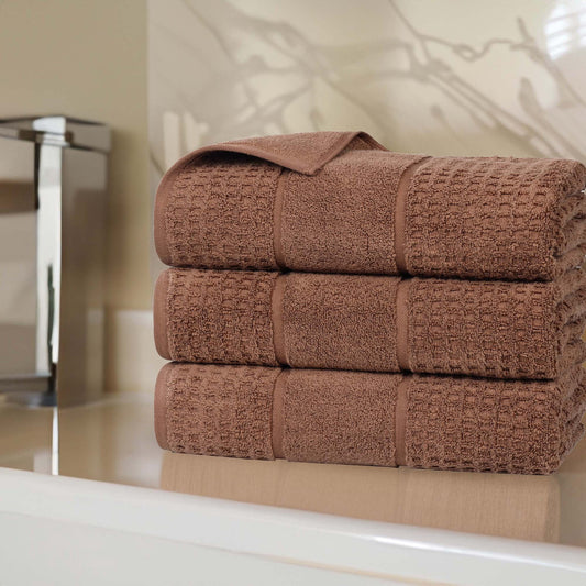 Superior Zero Twist 3-Piece Cotton Bath Towel Set, Waffle Border Ultra Doft Quick Dry Towels, Chocolate