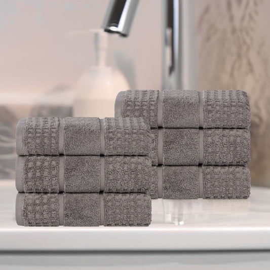 Superior Zero Twist 6-Piece Cotton Hand Towel Set, Waffle Border Ultra Doft Quick Dry Towels, Charcoal