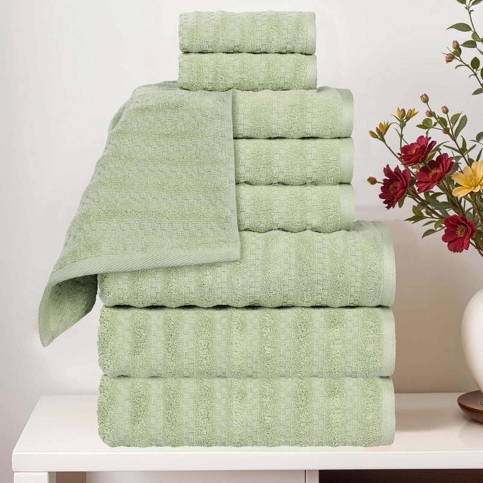 Superior Zuma Waffle Textured Stripes Cotton 9 Piece Towel Set, Zero Twist Absorbent Towels, Green