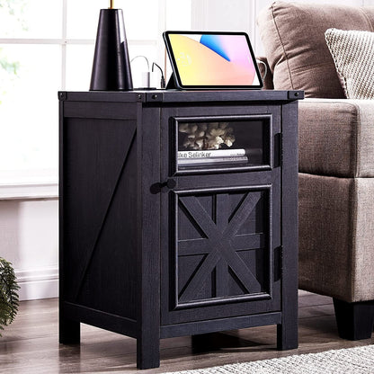 T4TREAM Farmhouse 3-Tier End Table with Charging Station, 18'' Rustic Nightstand with Barn Door for Living Room, Bedroom, Off White