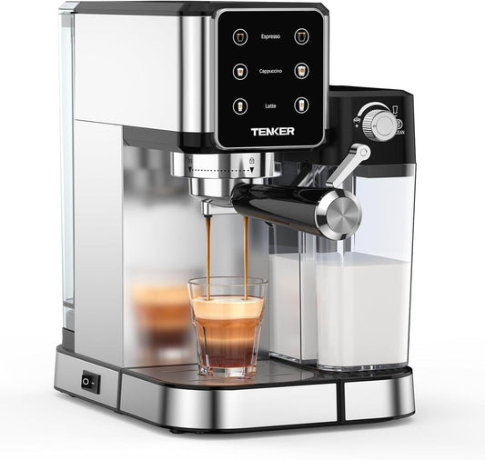 TENKER Espresso Machine, 20 Bar Cappuccino Machine with Automatic Milk Frother, 3-in-1 Coffee Machine, 1350W Dual Boiler Latte Maker, Touchscreen Espresso Coffee Maker, Stainless Steel