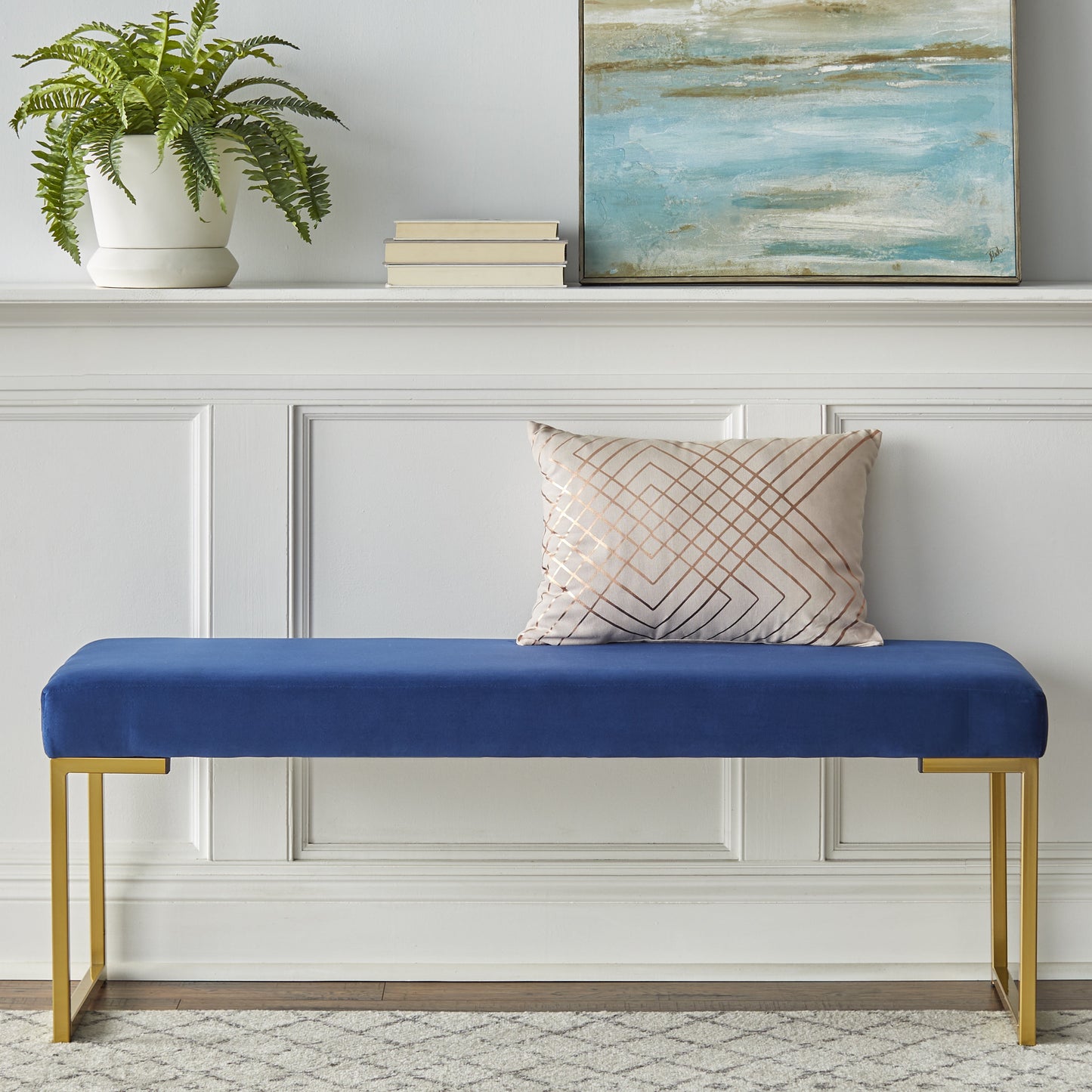 TMS Delarue 48â€ Wide Modern Metal Frame Dining Bench, Seats 2, Blue Velvet