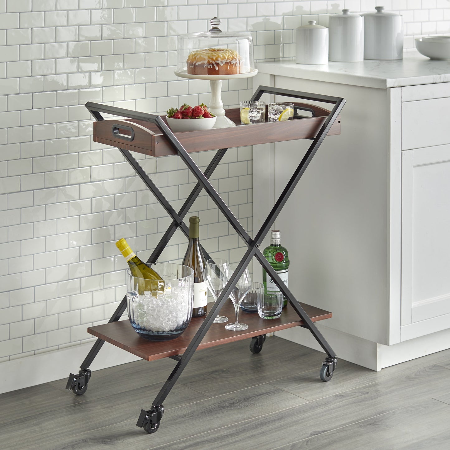 TMS Lester 2-Tier Metal and Wood Bar Cart with Locking Casters, Black/Walnut