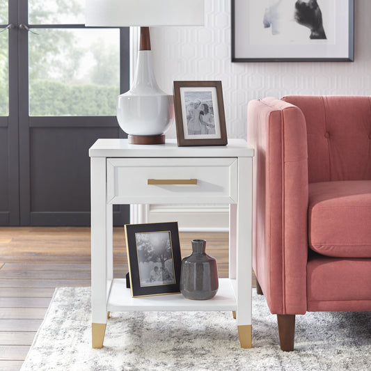 TMS Rena Rectangular End Table and Pine Wood Legs, White Finish