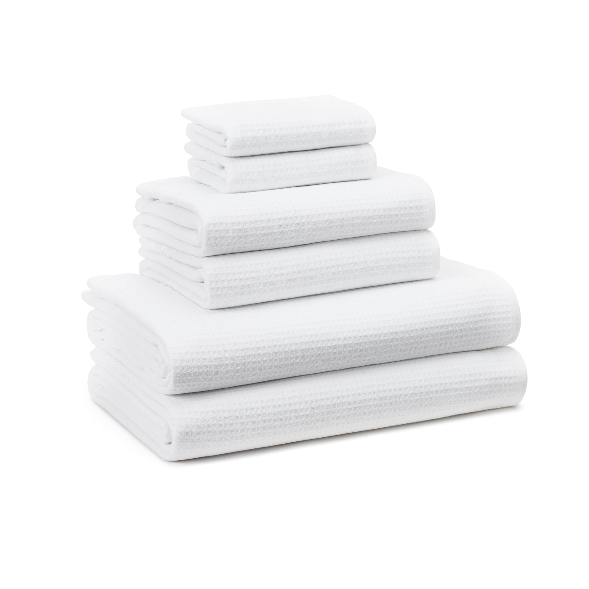 TOWN & COUNTRY BASICS 6-Piece Assorted Waffle Woven Terry Stripe Set, 2 Bath Towel, 2 Hand Towel, 2 Washcloth, 100% Cotton, Quick Dry, White