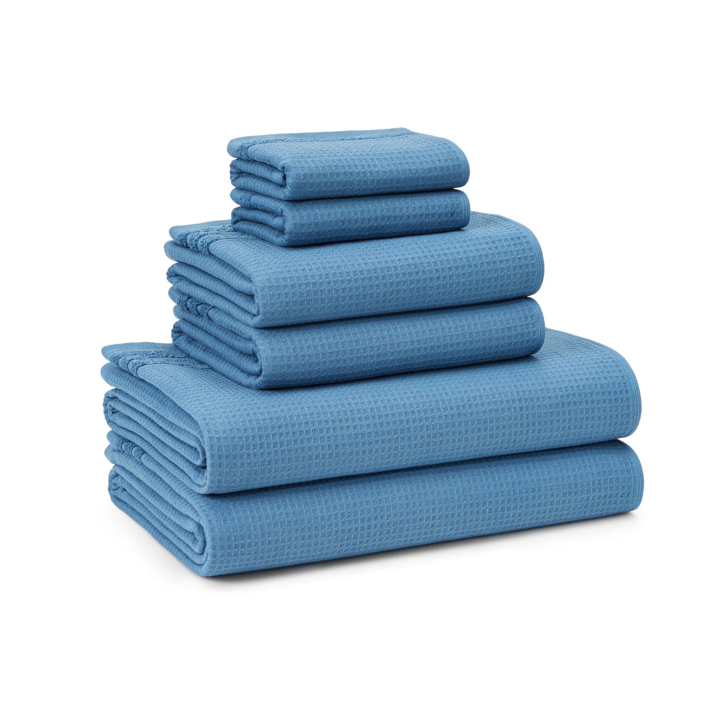 TOWN & COUNTRY BASICS 6-Piece Assorted Waffle Woven Terry Stripe Set, 2-Bath Towels, 2-Hand Towels, 2-Washcloths, 100% Cotton, Quick Dry, Blue