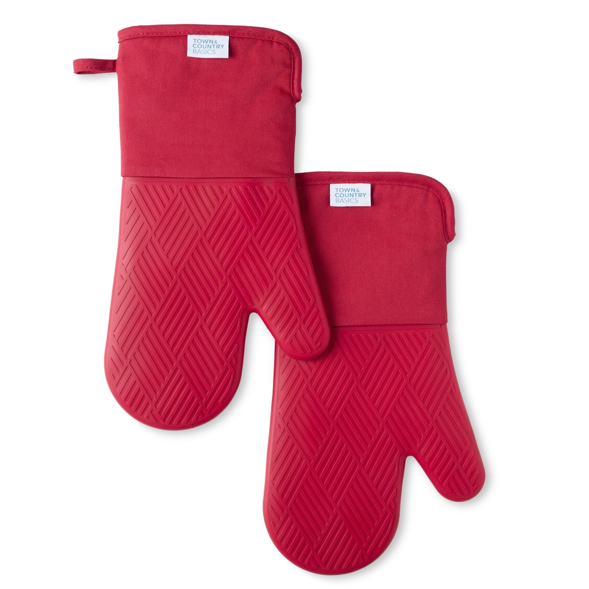 TOWN & COUNTRY BASICS Basketweave Soft Silicone Oven Mitt 2-Pack Set, Heat Resistant up to 500F, Flexible Silicone, Non-Slip Grip, Red, 7.5"x13"