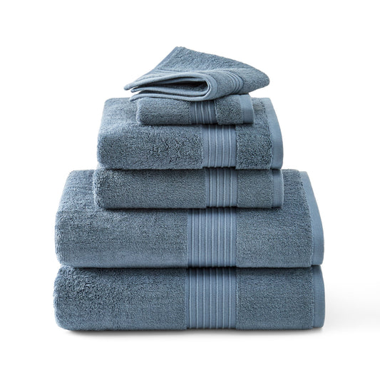 TOWN & COUNTRY EVERYDAY 6-Piece Assorted Solid Dobby Border Set, 2-Bath Towels, 2-Hand Towels, 2-Washcloths, 100% Cotton, Plush & Absorbent 650GSM, Blue