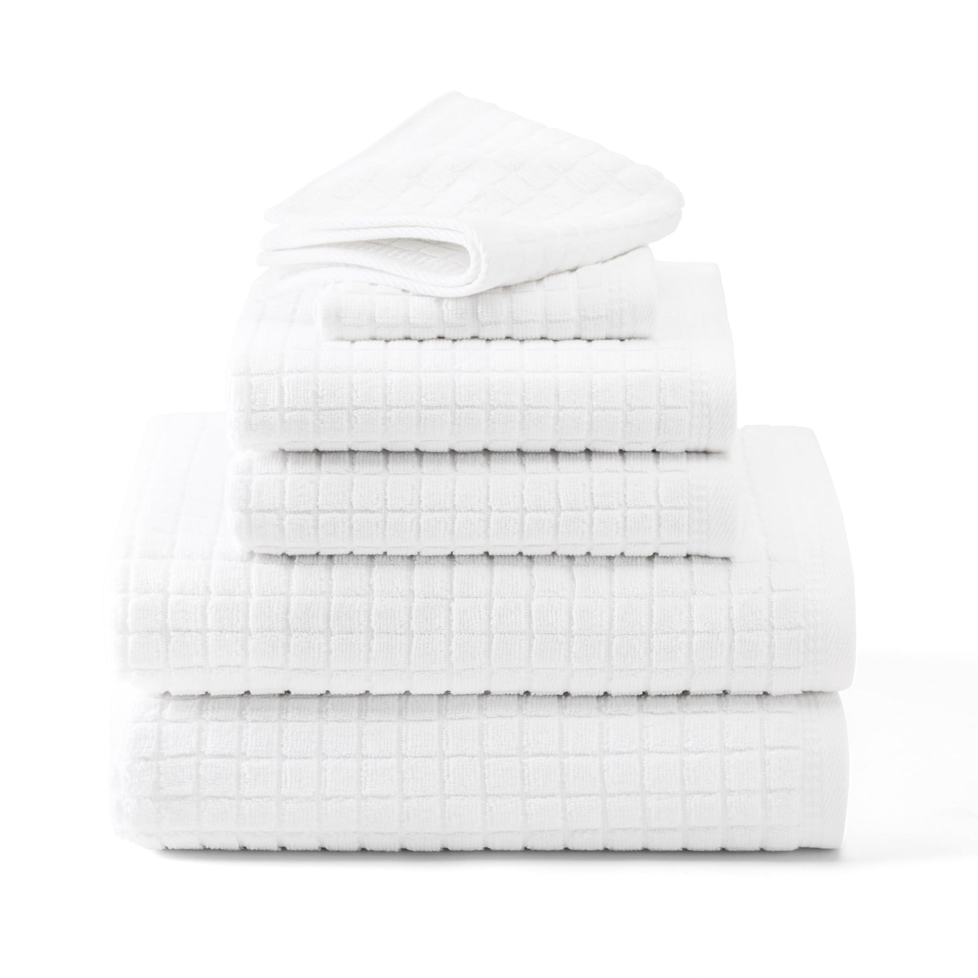 TOWN & COUNTRY EVERYDAY 6-Piece Textured Windowpane Set, 2-Bath Towels, 2-Hand Towels, 2-Washcloths, 100% Cotton, Plush & Absorbent 550GSM, White