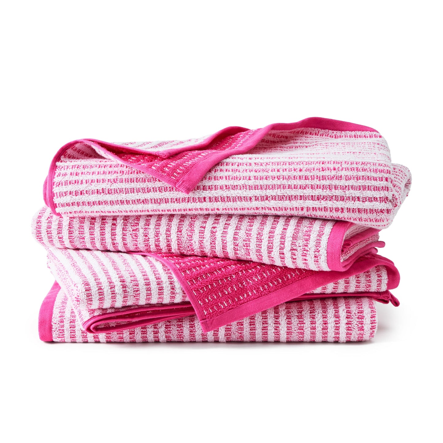 TOWN & COUNTRY PLAY 4-Piece Striped Reversible Terry Brights Bath Towel Set, 30"x58", 100% BCI Cotton, Plush & Absorbent 550GSM, Flamingo Pink