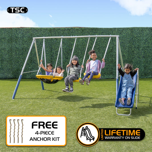 TSC Reese Galvanized Metal Swing Set with 2 Swing Seats, 5-ft Blow-Molded Slide & Bonus 4-Pc Anchor Kit