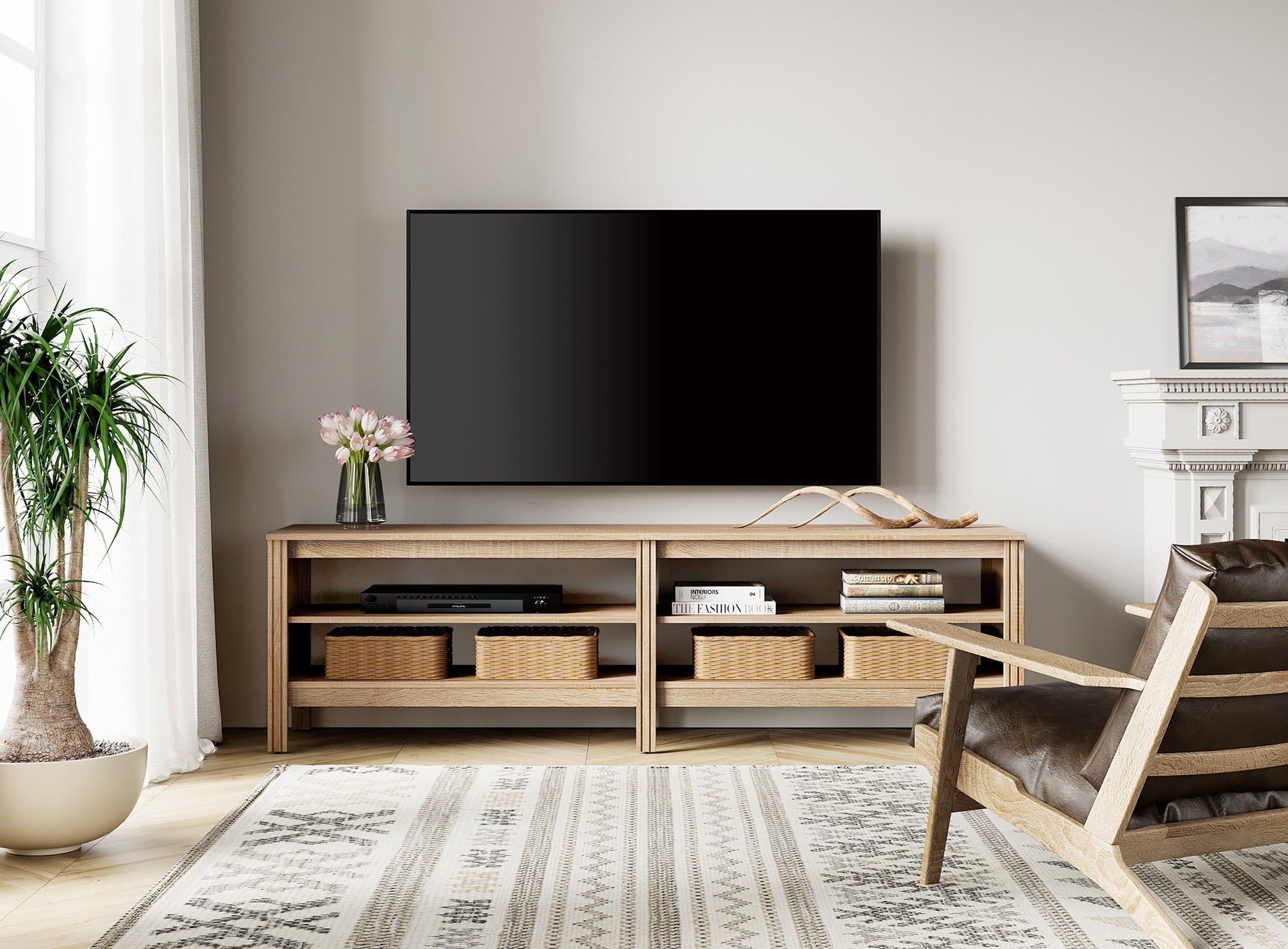TV Stand for 75 Inch TV Stands, Media Console Entertainment Center Television Table with Open Shelves for Living Room, Oak 70 inch