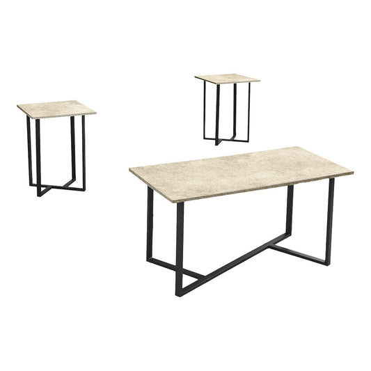 Table Set - 3pcs Set - Coffee - Living Room - Cream Stone Laminate - Black Metal