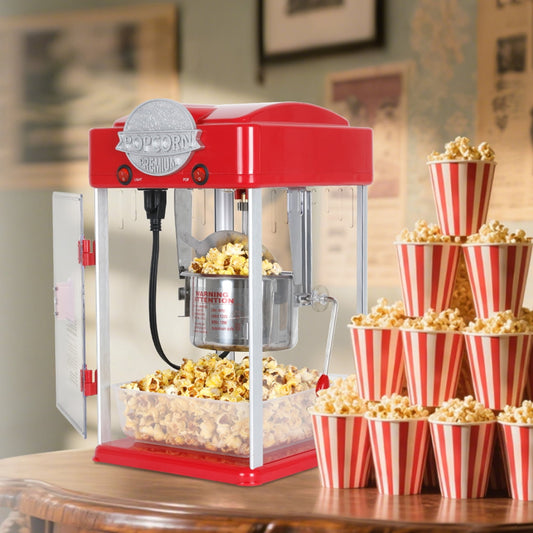 Tabletop Popcorn Machine with 6 Oz Stainless Steel Kettle for Home Movie Nights Family Entertainment Includes Measuring Tool and Scoop Red