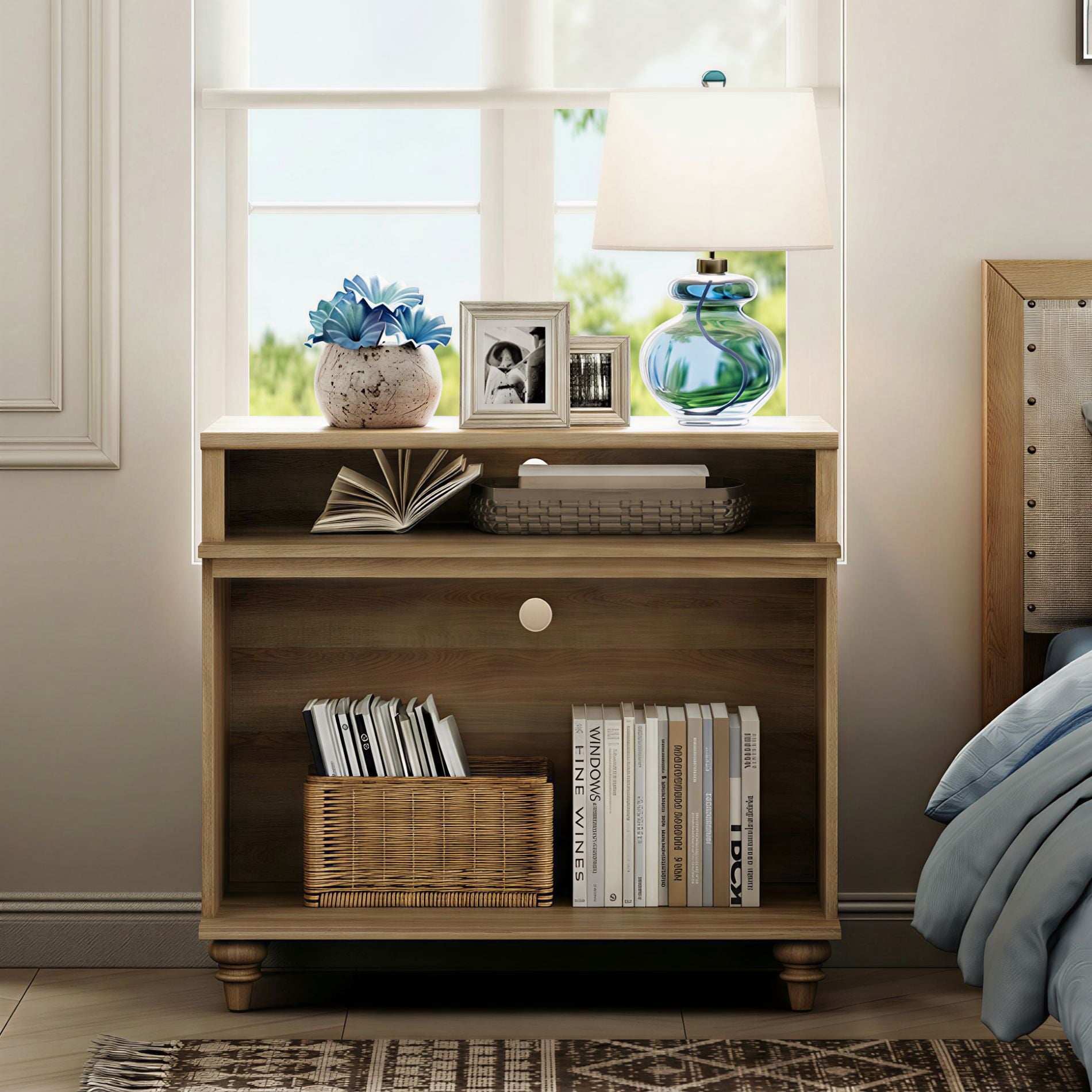 Tall Farmhouse Nightstand, Large Bedside Table Night Stand with Storage Shelf, Wide Sofa Side End Table for Living Room, Bedroom, Oak, 37"