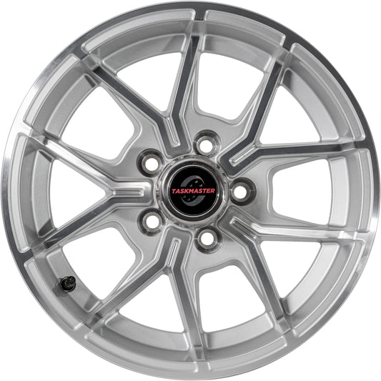 Taskmaster Trinity 5 Fork Aluminum Trailer Wheel Rim 15x5 5x4.5 Silver Machined Face with Silver Cap