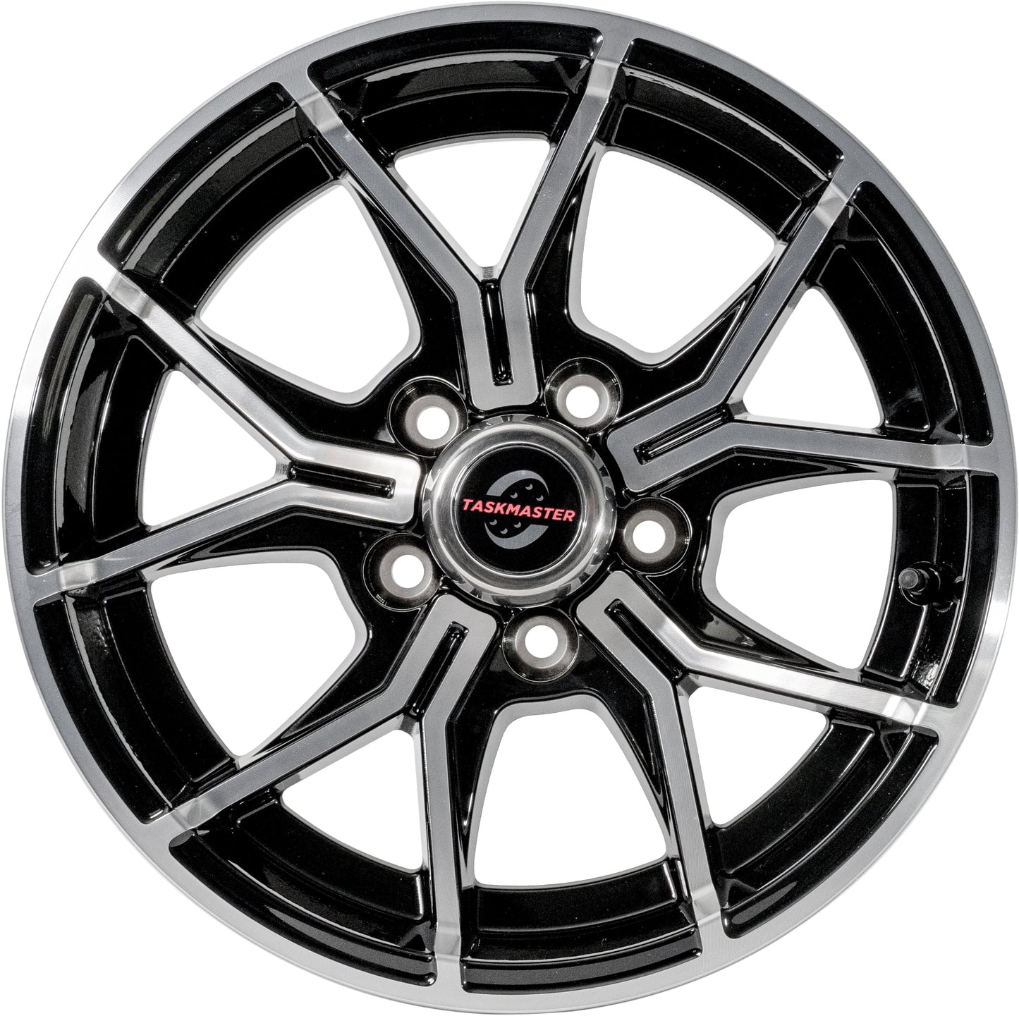 Taskmaster Trinity 5 Fork Aluminum Trailer Wheel Rim 15x6 5x4.5 Black Machined face with Silver Cap