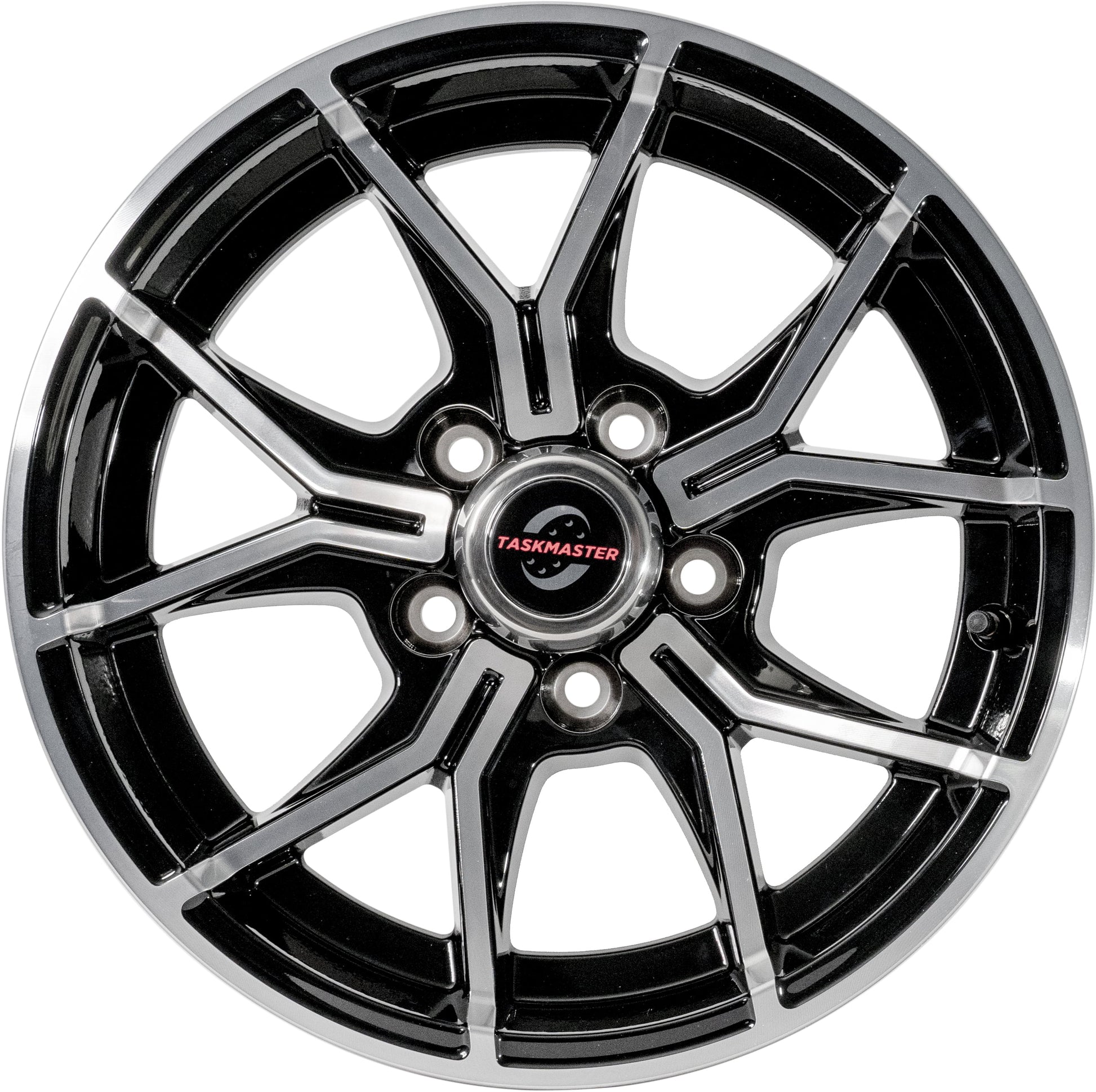 Taskmaster Trinity 5 Fork Aluminum Trailer Wheel Rim 15x6 5x4.5 Black Machined face with Silver Cap