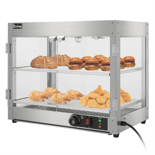 Tcbosik Commercial Food Warmer Display, 2 Tiers Pizza Warmer with LED Lights and Adjustable Temperature, 800W Countertop Pastry Warmer w/Removable Shelves, Glass Door and Oil Tray, Silver