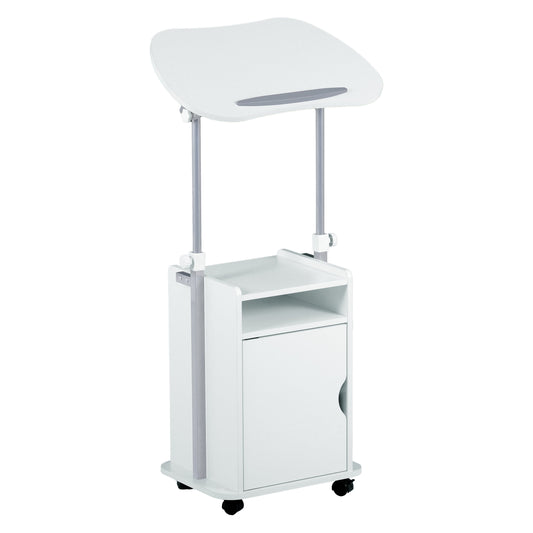 Techni Mobili Adjustable Laptop Cart â€“ White Rolling Desk with Storage, Height Adjustable Sit/Stand Workstation