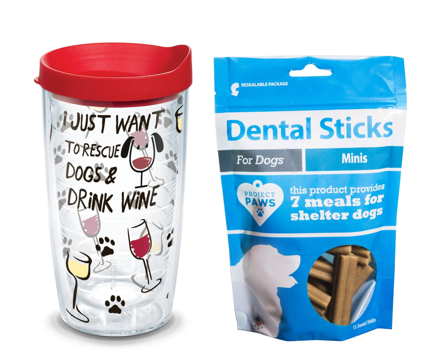 Tervis Project Paws Solo Quiero Rescatar Perros y Beber Vino Vaso de 16 oz con Tapa Roja con Palitos Dentales Minis