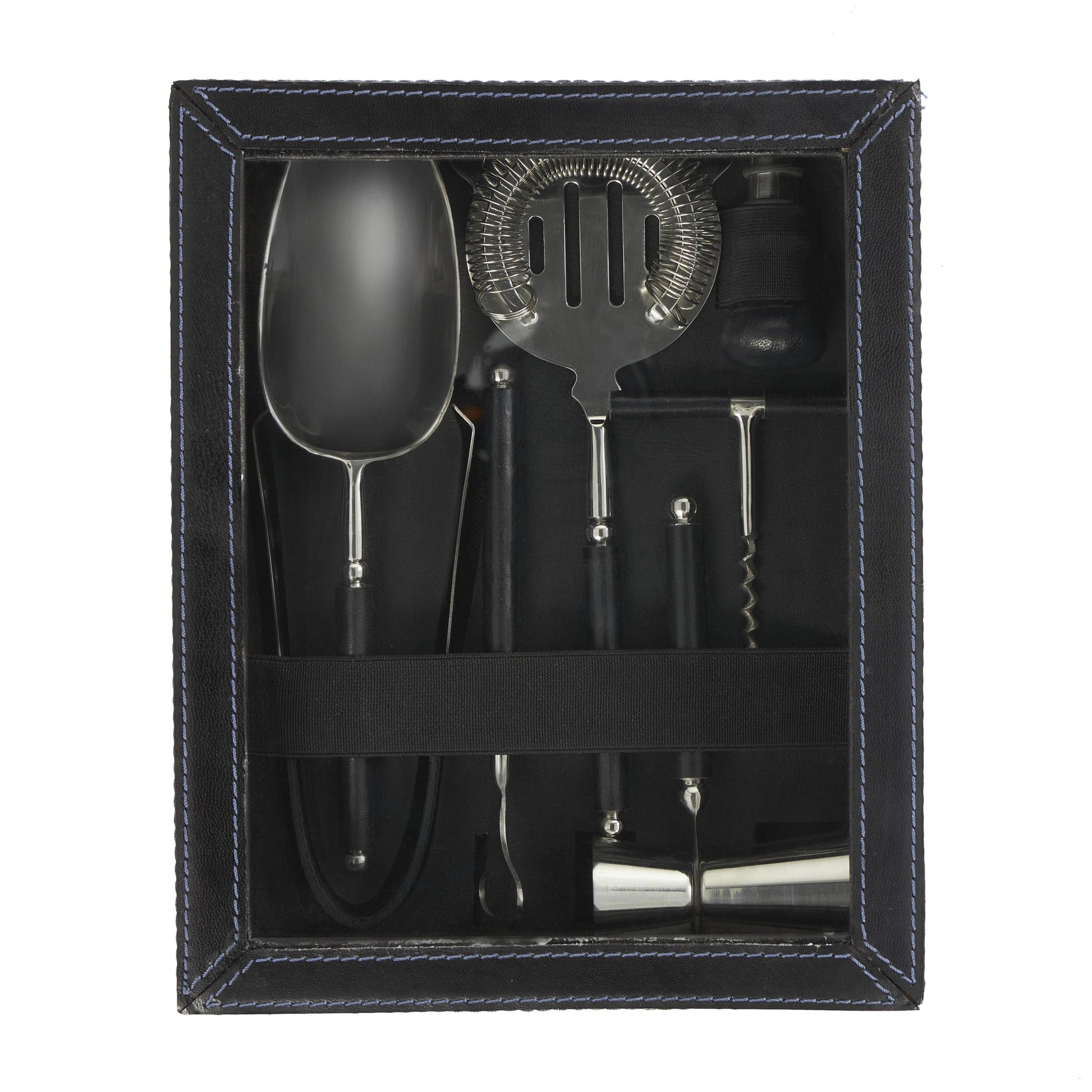 DecMode 9" x 3" Dark Blue Leather 7 Piece Bar Tool Set with Decorative Box, 1-Piece