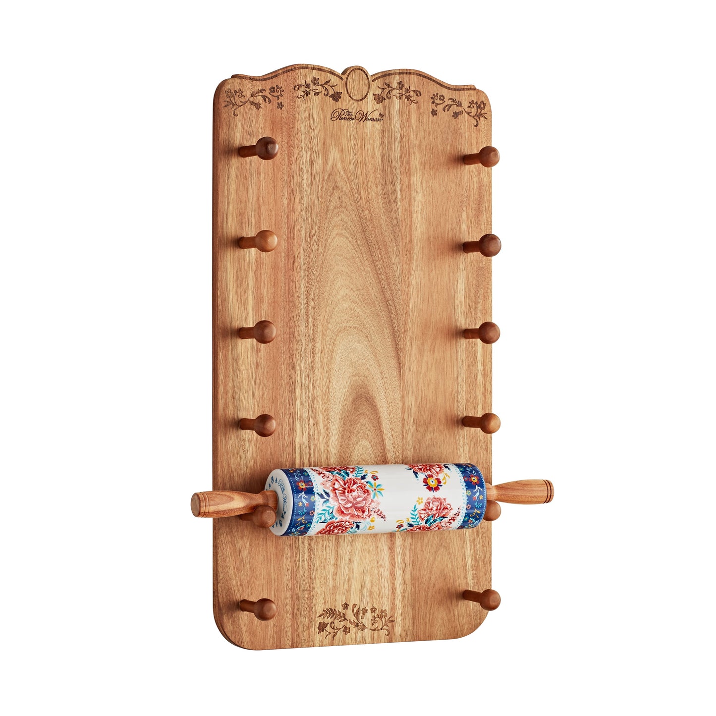 The Pioneer Woman Keepsake Floral 17.7" Ceramic Rolling Pin with Acacia Wood Holder