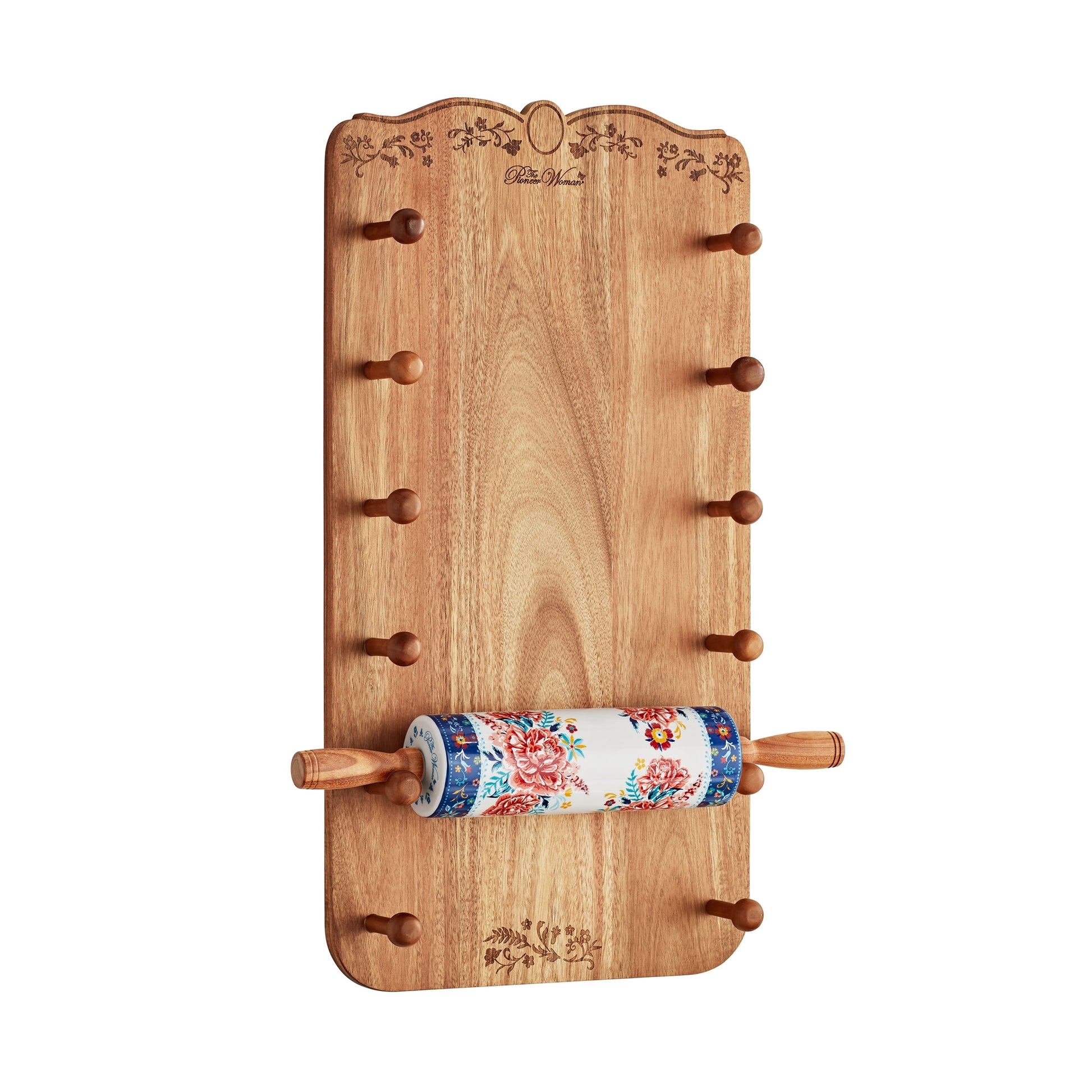 The Pioneer Woman Keepsake Floral 17.7" Ceramic Rolling Pin with Acacia Wood Holder